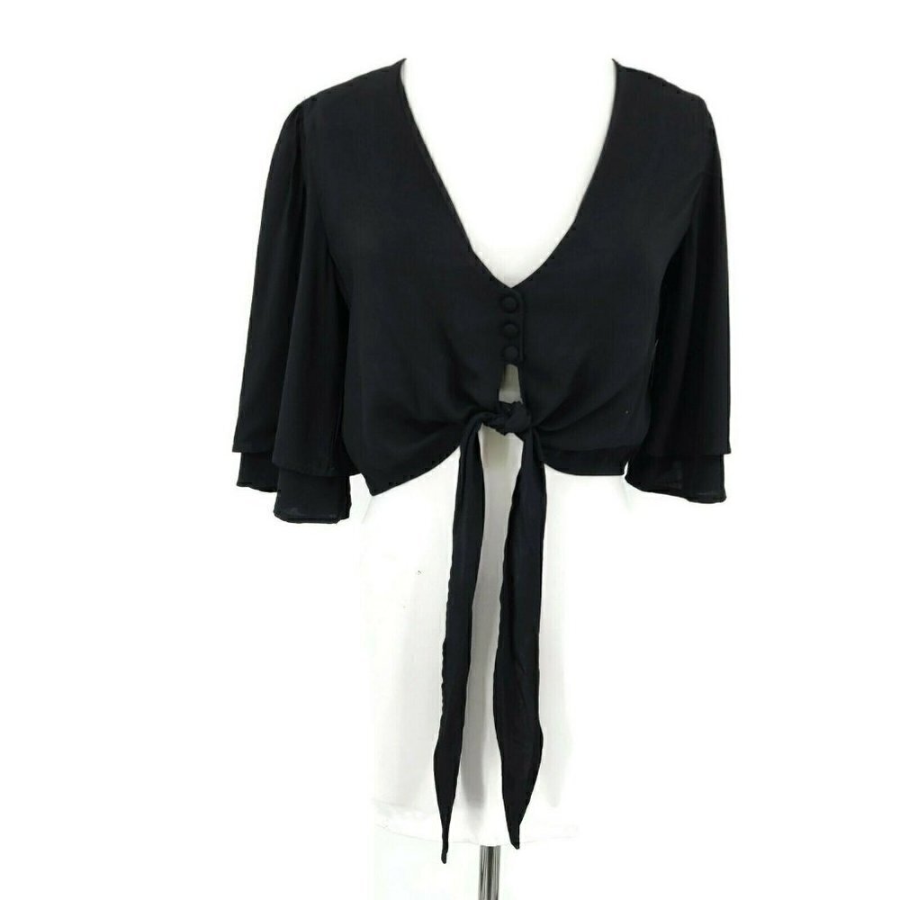 New Flynn Skye Lilly Tie Front Top Womens XS Black Short Sleeve Crop Wrap